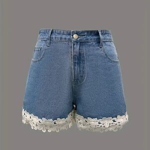 Denim Lace Trim Women Shorts